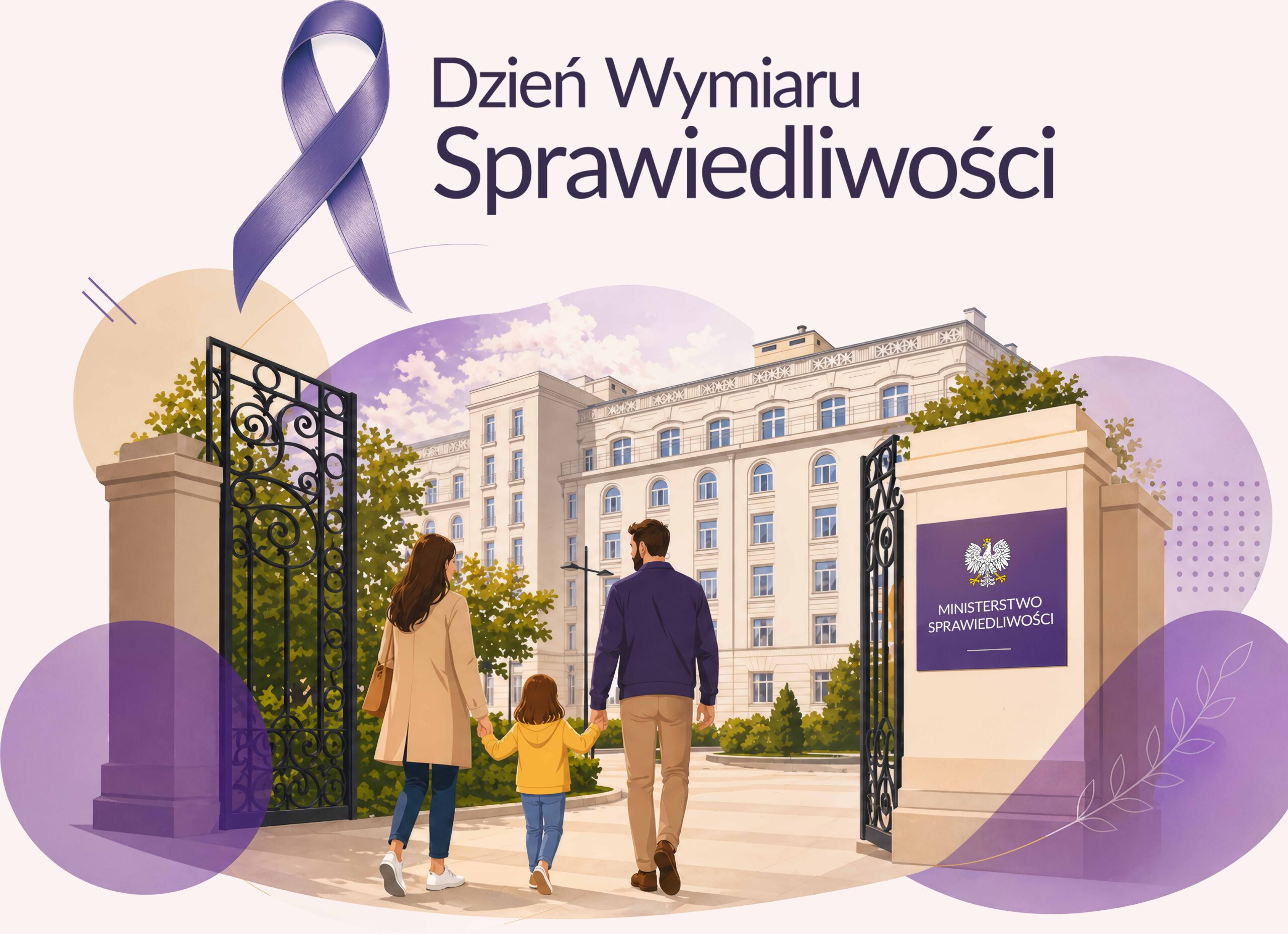 Dzień Wymiaru Sprawiedliwości – fioletowa wstążka i rodzina wchodząca na dziedziniec Ministerstwa Sprawiedliwości w Warszawie